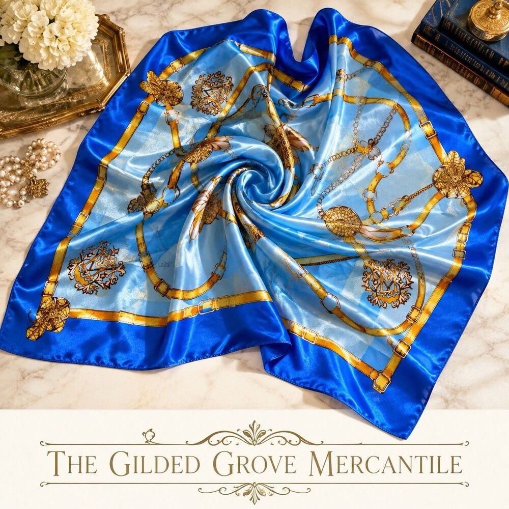 Vintage Korean Blue Equestrian Scarf 40” Square Gold Bridle Chain Print